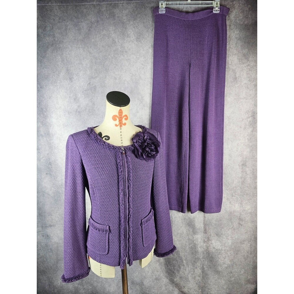 St. John Suit Santana Knit Fringe Zip Up Jacket 6, Pants 0 Lavender Purple EUC
